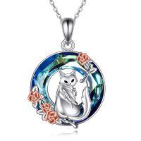 wholesale 925 Sterling Silver Blue Crystal Cat Pendant Necklace with Rose Accents-Cat