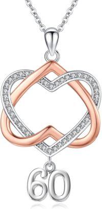 wholesale 925 Sterling Silver Double Heart with 60th Anniversary Charm Pendant Necklace s for Women and Girls-60th