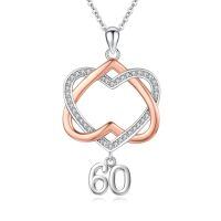 wholesale 925 Sterling Silver Double Heart with 60th Anniversary Charm Pendant Necklace s for Women and Girls-60th