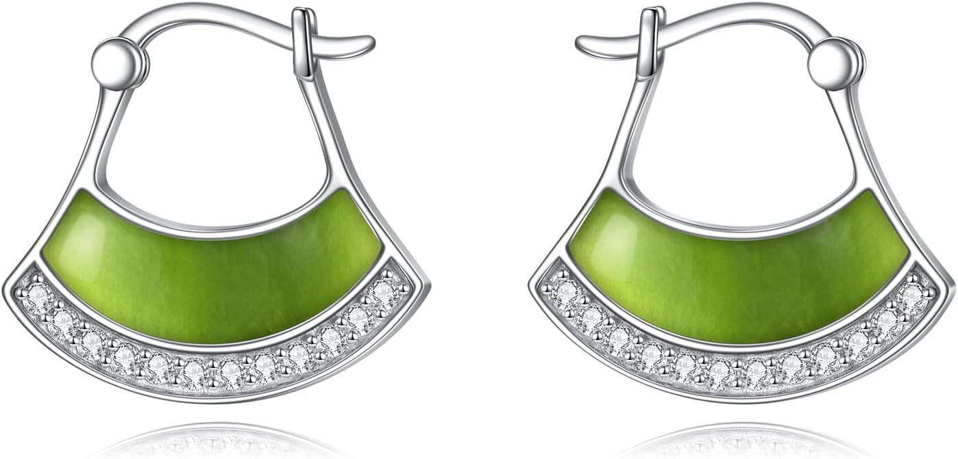 Sterling Silver Moonstone Peridot Pink Opal Black Onyx Larimar Moss Agate Small Fan Hoop Earrings-Peridot Hoop Earrings
