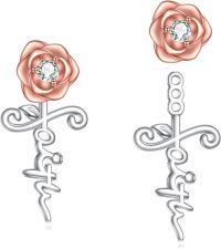 wholesale 925 Sterling Silver Rose & Faith Cross Stud Dangle Earrings for Women Gift-Rose