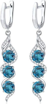 wholesale Sterling Silver 5mm Round Cut Genuine Created Gemstone Leverback 3 Birthstone Dangle Earrings-LondonBlue