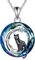 wholesale 925 Sterling Silver Black Cat in Blue Circle Crystal Pendant Necklace for Women-0-0
