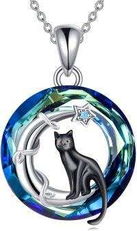 wholesale 925 Sterling Silver Black Cat in Blue Circle Crystal Pendant Necklace for Women-B-Cat