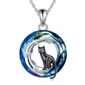 wholesale 925 Sterling Silver Black Cat in Blue Circle Crystal Pendant Necklace Wholesale for Women-0-0