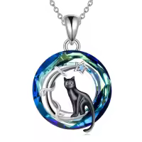 wholesale 925 Sterling Silver Black Cat in Blue Circle Crystal Pendant Necklace Wholesale for Women-B-Cat