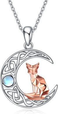 wholesale 925 Sterling Silver Celtic Moon Fox Pendant Necklace with Rose Gold Plated and Blue Opal Stone-origami fox