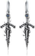 wholesale 925 Sterling Silver Gothic Sword Drop Earrings with Blue Stone and Evil Eye Detail-0-0