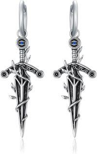 wholesale 925 Sterling Silver Gothic Sword Drop Earrings with Blue Stone and Evil Eye Detail-blue eye dagger earrings