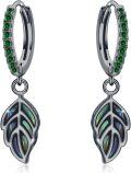 wholesale 925 Sterling Silver Green Crystal & Abalone Shell Leaf Drop Huggies Earrings-0-0