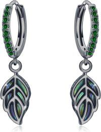 wholesale 925 Sterling Silver Green Crystal & Abalone Shell Leaf Drop Huggies Earrings-Black Gold-Emerald Green