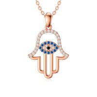 wholesale 14k Rose Gold Hamsa Pendant With Blue And White Stones-Rose Gold