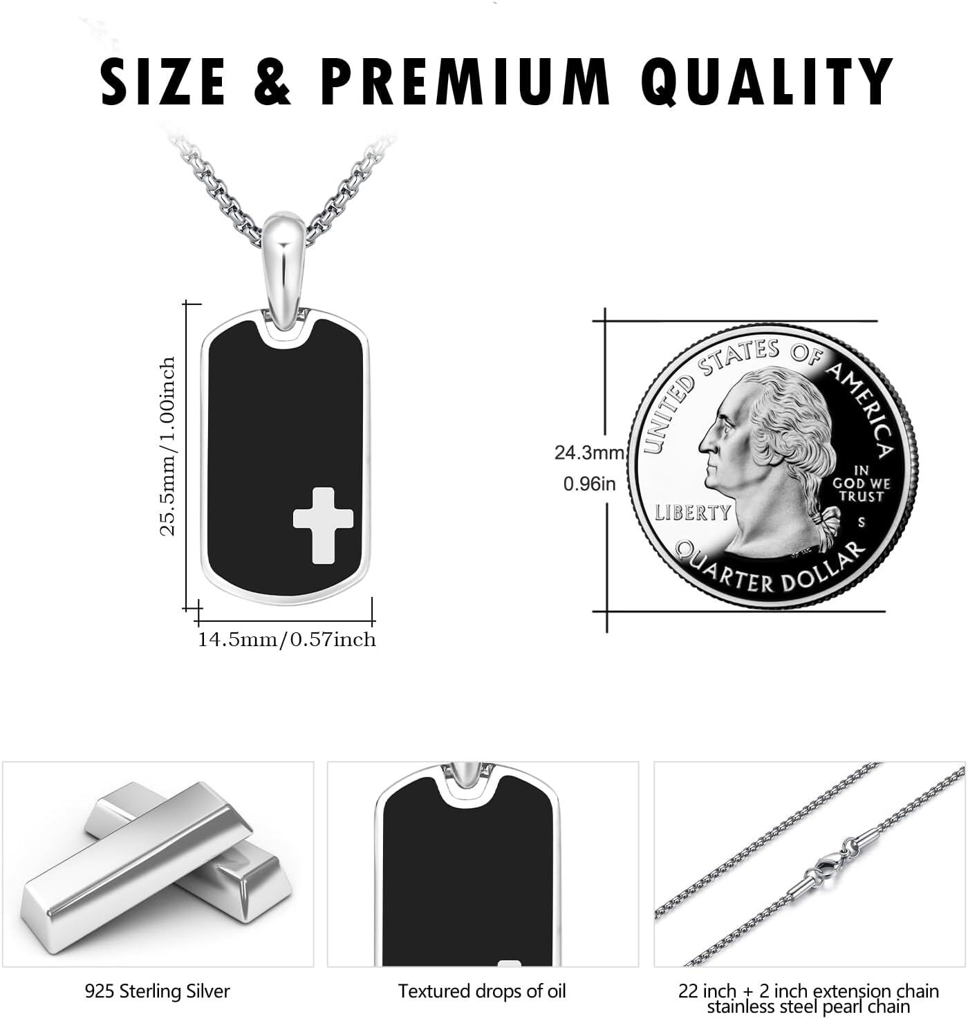 Stainless Steel Sterling Silver Dog Tag Pendant Necklace 22 +2 -0-5