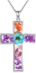 wholesale 925 Sterling Silver Cross with Real Flowers and Leaves Pendant Necklace-0-0