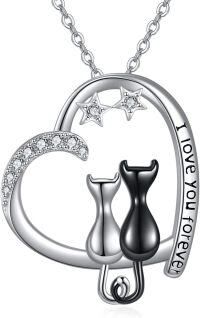 wholesale 925 Sterling Silver Abalone Shell Moon & Cats Pendant Necklace for Cat Lovers Gifts-2 Cat Heart Necklace