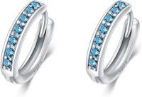 wholesale 925 Sterling Silver 925 Sterling Silver Cubic Zirconia Austrian Crystals Birthstone Huggie Hoop Earrings-15mm-3 Mar.(Aquamarine)