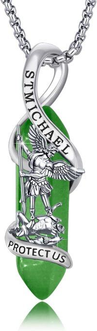 wholesale 925 Sterling Silver Green Jade Saint Michael Angel Protect Us Charm Necklace-Green