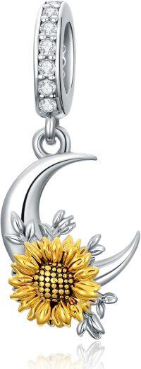 wholesale 925 Sterling Silver Sunflower and Crescent Moon Dangle Charm Pendant for Bracelet Necklace Jewelry -Moon Sunflower