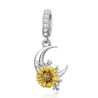 wholesale 925 Sterling Silver Sunflower and Crescent Moon Dangle Charm Pendant for Bracelet Necklaces Wholesale Jewelry -Moon Sunflower
