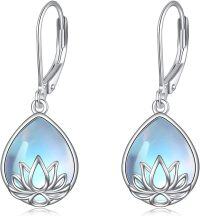 wholesale 925 Sterling Silver Lotus Flower Teardrop Opalite Hypoallergenic Leverback Earrings for Women and Girls-Lotus+Moonstone