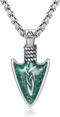 wholesale 925 Sterling Silver Green Stone Norse Valknut Pendant Necklaces for Men-Arrow Necklace（Green Gravel）
