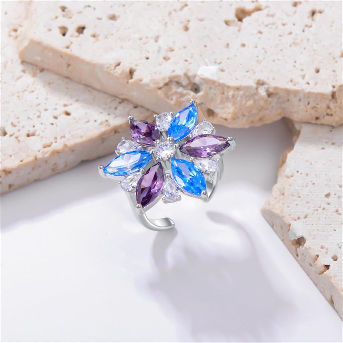 Sterling Silver Colored Gemstone Flower Ring for Women-0-4