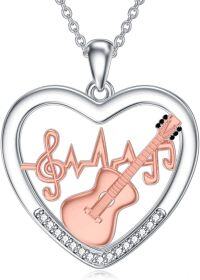 wholesale 925 Sterling Silver Heart Shaped Guitar & Treble Clef Music Note Pendant Necklace with Cubic Zirconia Accents-B-Guitar Necklace
