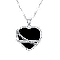 wholesale 925 Sterling Silver Heart Necklace Wholesale With Pink Inlay And Engraved Message-Black Onyx