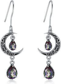 wholesale Sterling Silver Moon Earrings w Emerald Amethyst Ruby Sapphire Pink Peridot Aquamarine Citrine Black Rainbow Topaz Celtic Dangle Drops-Mystic Topaz