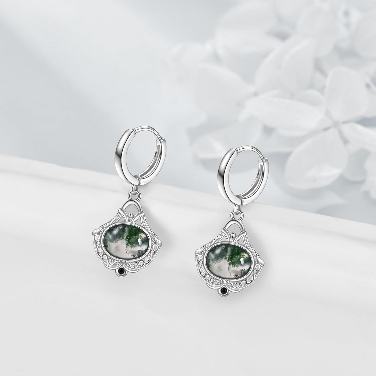 Sterling Silver Moss Agate Nordic Filigree Hoop Earrings Boho Floral Jewelry Gifts-0-3