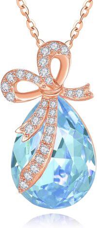 wholesale 925 Sterling Silver Crystal Bow Teardrop Birthstone Pendant Necklace-03-Mar-Aquamarine Blue