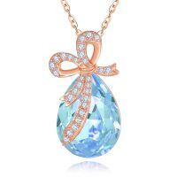 wholesale 925 Sterling Silver Red Crystal Bow Pendant Necklace-03-Mar-Aquamarine Blue