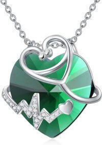 wholesale Metal Crystal Stethoscope Necklace w Heart Stone Nurse Graduation Gift-May-Emerald