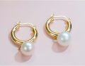 wholesale 14K Gold Freshwater Cultured Pearl 3mm Huggie Hoop Earrings with Snake Shape Pendant-0-4