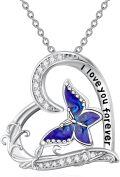 wholesale 925 Sterling Silver Blue Opal Heart Butterfly Pendant Necklace for Women 45cm Chain  I Love You Forever Inscription-0-0