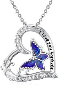 wholesale 925 Sterling Silver Blue Opal Heart Butterfly Pendant Necklace for Women 45cm Chain  I Love You Forever Inscription-Butterfly-Heart