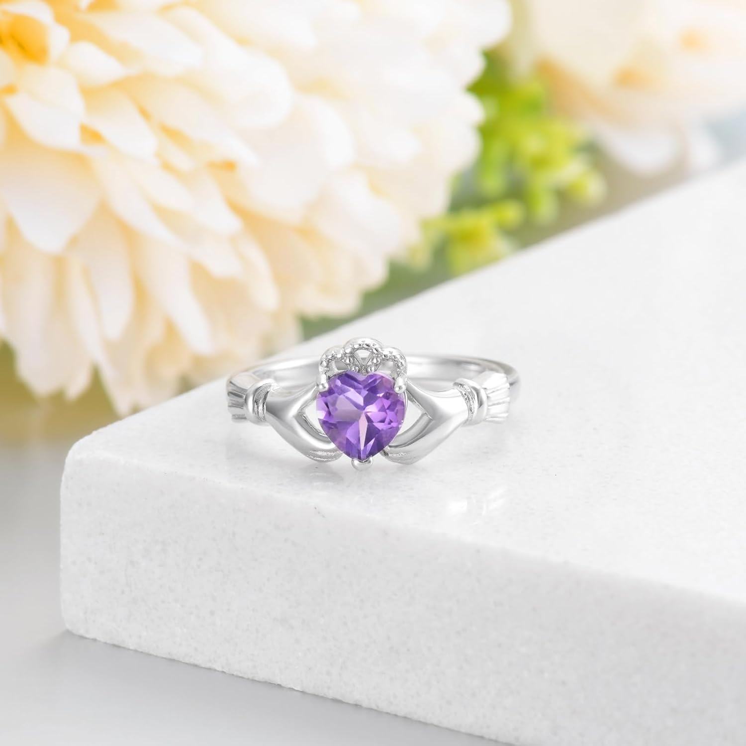 Sterling Silver Amethyst Claddagh Ring for Women Irish Heart Jewelry Gift-0-2