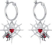 wholesale 925 Sterling Silver Hypoallergenic Red Heart & Black Spider Web Dangle Hoop Earrings for Women-Black