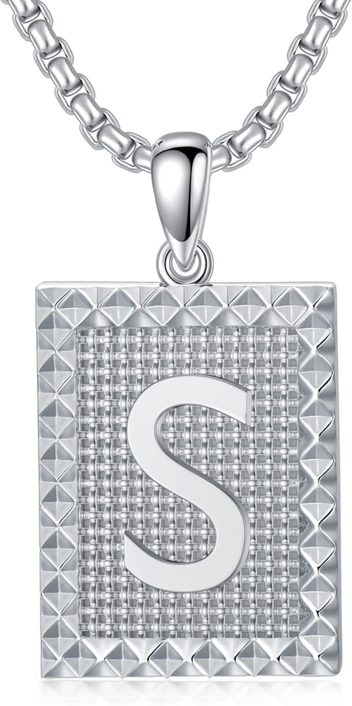 Sterling Silver A Z Alphabet Square Letter Necklace for Men Women-0-1