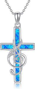 wholesale 925 Sterling Silver Blue Opal Musical Notes & Celtic Knots Cross Pendant Necklace for Women Men  45cm Chain Length-0-0