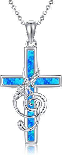 wholesale 925 Sterling Silver Blue Opal Musical Notes & Celtic Knots Cross Pendant Necklace for Women Men  45cm Chain Length-Music Note