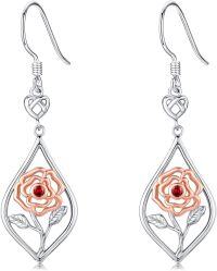 wholesale 925 Sterling Silver Rose Dangle Earrings with Birthstone Flower Jewelry for Women-January-Garnet