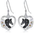 wholesale 925 Sterling Silver Heart-Shaped Black Horse Head with Daisy Flowers Dangle Earrings for Women Gifts-0-0