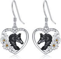 wholesale 925 Sterling Silver Heart-Shaped Black Horse Head with Daisy Flowers Dangle Earrings for Women Gifts-Daisy Horse