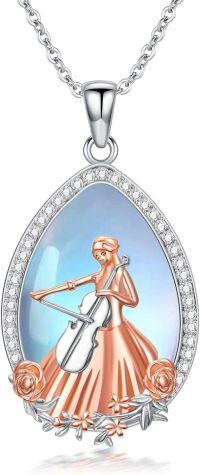 wholesale 925 Sterling Silver Blue Moonstone Cellist Pendant Necklace with Rose Gold Accents and Cubic Zirconia Halo-Cello