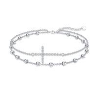 wholesale 925 Sterling Silver Layered Beaded Ankle Anklet for Women's Footwear Accessories-Cross