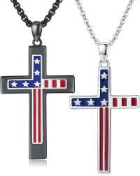 wholesale 925 Sterling Silver American Flag Cross Pendant Necklace Set of 2 for Couples-Independence Day Flag