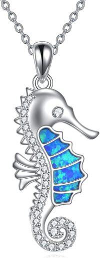 wholesale 925 Sterling Silver Blue Opal Sea Horse Pendant Necklace for Women Girls  45cm Chain Length-Seahorse