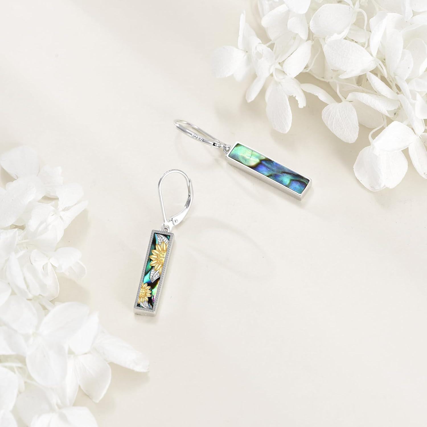 925 Sterling Silver Sunflower & Abalone Shell Leverback Earrings - Mustard Seed Inspired Design-0-4