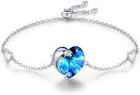 wholesale 925 Sterling Silver Heart-Shaped Blue Crystal Dolphin Charm Bangle Bracelet for Women's Gifts-Dolphin Bracelet #B